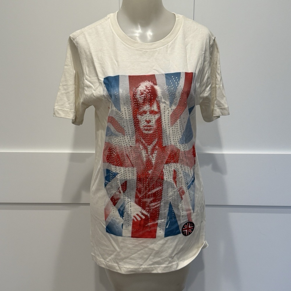 David Bowie Studded Graphic Studed Small T-Shirt British Flag Red White Blue